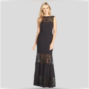 Tadashi Shoji Embroidered Illusion Lace Pintuck Black Gown